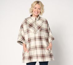 When you crave lungfuls of fresh air, cider from your favorite stand, or a harvest hayride, slip on this season-smart plaid poncho and go! Functional side buttons help keep it from restricting movement while seated. From Weatherproof. Oversized Plaid Poncho For Fall, Casual Plaid Poncho For Winter, Casual Fall Outdoor Cape, Plaid Long Sleeve Poncho For Fall, Fleece Poncho, Plaid Poncho, Fresh Air, Cider, Quarter Zip