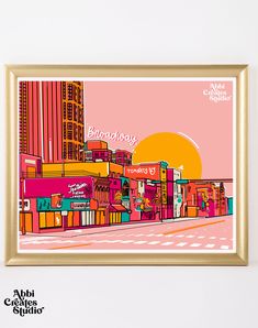 an art print of a cityscape in pink and orange