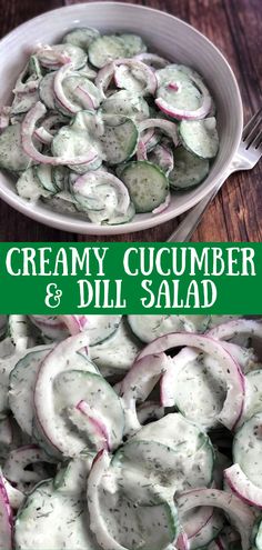 a bowl filled with cucumber and dill salad on top of a wooden table