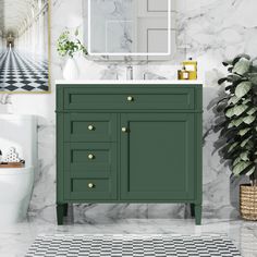 a bathroom with marble walls and flooring, a green cabinet sink and mirror on the wall