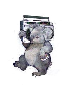 a drawing of a koala bear holding a radio up to its head with one hand