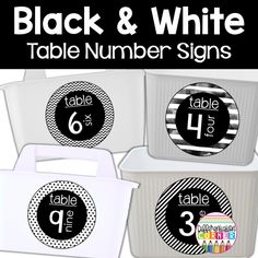 black and white table number signs are shown in three different sizes, with the numbers on each