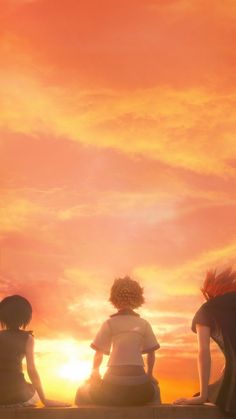 three people sitting on a ledge watching the sun go down in an animated style setting