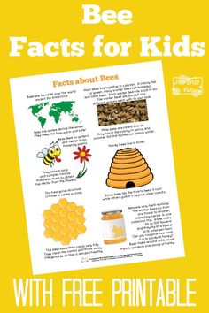 the bee fact for kids with free printables is shown on a yellow background