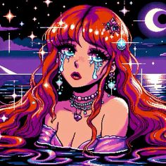 a woman with long red hair and blue eyes is in the water, surrounded by stars