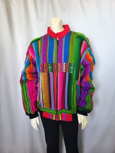 "Absolutely rare colorful jacket. 100% COTTON. Hand made. Folk style. Multicolor graphic strap pattern. Zippered front. Fully lined. Lovered shoulder. Sleeve with black knit wool. Two pockets. Size; XL *Measurement: (lying flat) *Please check the measurements to ensure proper fit. Bust:24\" Hip:20\" Length: 28\" Excellent condition Thank you for visiting my store. You can also visit my MargaretJewelryShop or http://jewelryandclothing.net/" Colorful Jacket, Colorful Graphics, Folk Style, Folk Fashion, Black Knit, Hand Made, Bathing Beauties, Jackets & Coats, Jackets For Women