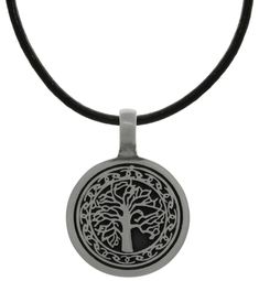 a tree of life pendant on a black leather cord with an engraved disc in the center