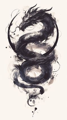 a black and white drawing of a dragon with watercolors on it's body