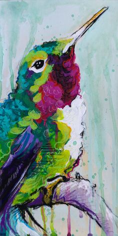 a painting of a colorful bird sitting on a branch