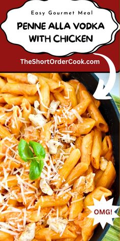 the recipe for penne alla vodka with chicken is shown in a bowl and labeled