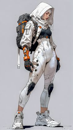 a drawing of a woman in white and orange gear with a backpack on her back