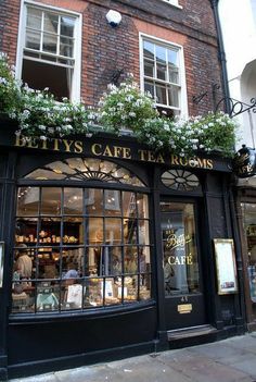 a store front with flowers on the windows and plants growing out of it's window