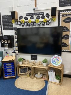 a classroom with a large flat screen tv on the wall