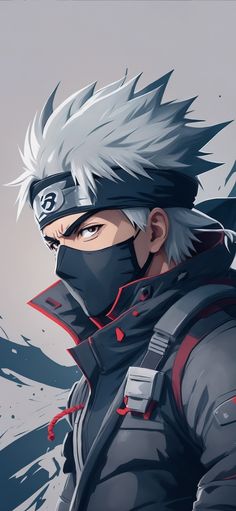 an anime character with white hair wearing a black mask and grey jacket, standing in front of a gray background