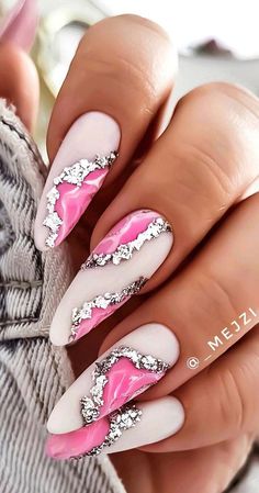 Silver Marble Nails, Nails Pink And Silver, White Glitter Nails, Cute Spring Nails, Wedding Nails Design