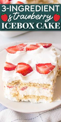 a piece of strawberry icebox cake on a plate with the rest of the cake in the background