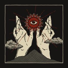 two hands holding an all seeing eye in front of a black background with red rays