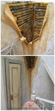 two pictures of an old room with peeling paint on the walls and wood slats in the ceiling