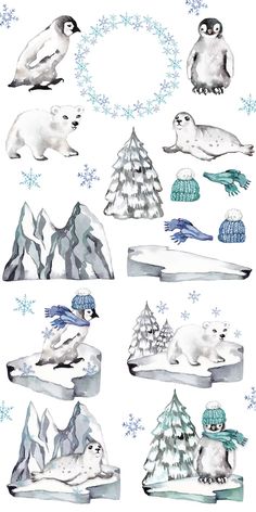 watercolor illustration of polar bears and penguins with snowflakes