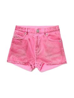 pink cotton coated finish logo patch to the side and rear belt loops front button and zip fastening classic five pockets straight hem Diesel Metallic, Short Rosa, Diesel Shorts, Colour Theme, Pocket Shorts, Pink Jeans, Jeans Kids, Kids Coats, Denim Design