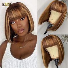 Hair Material: 100% Human Hair Hair Color: 4/ 27# Hair Texture: Straight Hair Length: 10-14inch Lace Type : No Lace Made Method: 100% Machine Made Customize Time: 2-4 Working Days Blonde Bob With Fringe, Bob Ross Wig, Straight Bob Hairstyles, Short Blonde Bobs, Blonde Bob Wig, Hair Care Oil, Natural Human Hair, Brazilian Remy Hair, Straight Bob