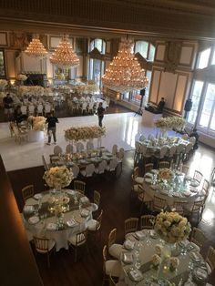 an overhead view of a banquet hall with tables and chairs set up for formal function