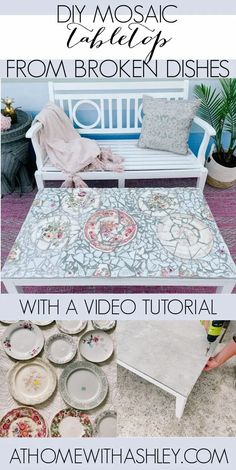 a white bench sitting on top of a rug next to plates and flowers in vases