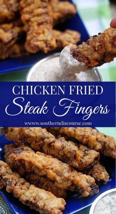 chicken fried steak fingers on a blue plate with ranch dip and sour cream in the background