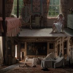 a woman sitting on top of a bed in a bedroom next to a dresser and window