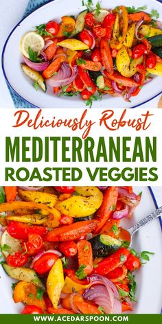 two plates filled with colorful vegetables and the words delicious relish mediterranean roasted veggies