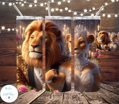 the lion and the mouse are standing next to each other in front of some lights