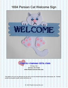 a welcome sign with a cat on it and the words welcome written in blue ink