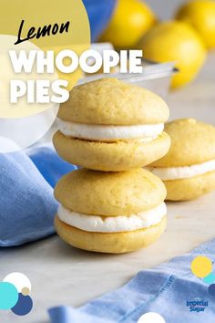 lemon whoopie pies stacked on top of each other with the title overlay