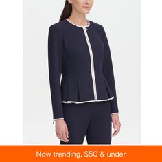 in stock Elegant Tommy Hilfiger Long Sleeve Outerwear, Tailored Elegant Tommy Hilfiger Outerwear, Tommy Hilfiger Tailored Elegant Outerwear, Elegant Tommy Hilfiger Outerwear For Work, Fitted Blue Tommy Hilfiger Outerwear, Chic Tommy Hilfiger Long Sleeve Outerwear, Chic Long Sleeve Tommy Hilfiger Outerwear, Peplum Jacket, Peplum Hem