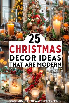 christmas decor ideas that are modern with candles and pine cones on the table in front of them