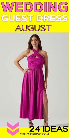 a woman in a purple dress with the words wedding guest dress august