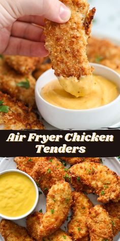 air fryer chicken tenders on a plate with dipping sauce in the middle and an image of fried chicken tenders