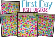 four post it notes with the words first day written on them and colorful paper squares