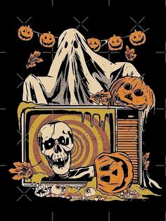 an old television decorated with pumpkins and jack - o'- lanternes for halloween