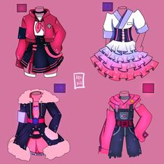 four different types of clothes on display in pink and blue colors, with the same color scheme