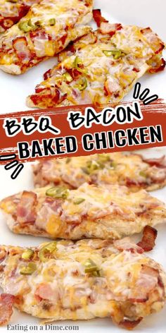 bacon baked chicken on a white plate with text overlay