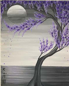 a painting of a tree with purple flowers in the foreground and a full moon in the background