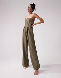 ASOS DESIGN bandeau corset wide leg jumpsuit in khaki | ASOS Spring Strapless Jumpsuit For Work, Strapless Jumpsuits And Rompers For Spring Workwear, Wedding Guest Jumpsuit, Corset Jumpsuit, Jumpsuit For Wedding Guest, Floral Jumpsuit, Bridesmaids Dresses, Corset Style, Formal Outfit