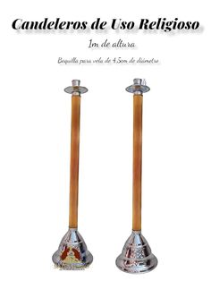 two metal candles sitting next to each other in front of a white background with the words candleros de los religios