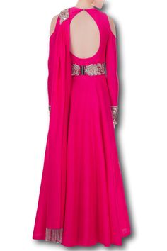 A fuschia pink long kurta based in taffeta silk fabric featuring cold shoulder pattern, embellished cuffs and sequin rose applique detail on a shoulder. It comes with an attached draped dupatta and attached embroidered rose belt. Fuschia Pink Color, Curated Outfit, Rose Applique, Add Sleeves, Types Of Embroidery, Luxury Art, Long Gown, Silk Fabric, Pink Color