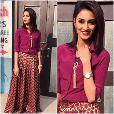 Sonakshi's lookbook ( P.S these outfits are customized n are not from any specific brand ) Wine shirt n wine brocade skirt   Teamed up with a long chain (@flauntnflair) and a watch Long Skirt With Shirt, Skirt Indian, Outfit Indian, Brocade Skirt, Rock Outfit, Trendy Skirts, Party Kleidung