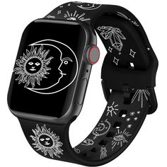 PRICES MAY VARY. 【Compatibility】38mm/40mm/41mm Compatible with Apple Watch Series 9/8/7/6/5/4/3/2/1/SE. Fit wrists of 5.5 inch-7.9 inch. Easy to adjust the length to fit your wrist 【Waterproof and Dirt-proof】Made of high quality material, lightweight and durable. Comfortable touch feeling 【Double Sided Printed Design&Classic Clasp】The artistic astrology celestial Sun Moon Star pattern Express your love for the art. Double Sided Printed design make the smartwatch look more unique. Fashion Classic Pacman Apple Watch Face, Trendy Black Watch Band For Gift, Trendy Black Watch Bands As Gift, Trendy Black Watch Band As Gift, Trendy Adjustable Black Watch Bands, Trendy Black Adjustable Watch Bands, Modern Witch Fashion, Wristband Design, Floral Pattern Dress