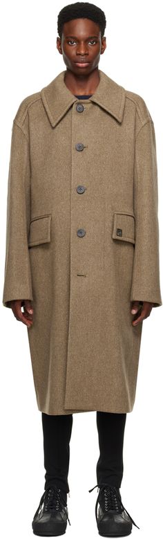 Brushed wool and cashmere-blend twill coat. · Spread collar · Button closure · Flap pockets at waist · Logo hardware at front and back collar · Welt pockets at interior · Full satin lining Available exclusively at SSENSE. Supplier color: Khaki Tailored Brown Wool Outerwear, Brown Single Button Wool Outerwear, Wool Button-up Outerwear With Welt Pockets, Brown Single-breasted Outerwear With Lapel Collar, Twill Coat, Brown Wool Single-breasted Outerwear, Single Breasted Coat, Off Duty, Single Breasted