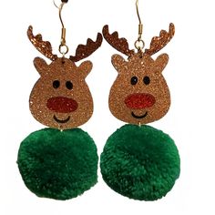 Reindeer Shaped Earrings With Pom Pom For Pierced Ears Faux Christmas Earrings, Christmas Pom Earrings, Christmas Theme Earrings, Christmas Clip On Earrings, Chriatmas Earrings, Pom Pom Drop, Straw Earrings, White Topaz Earrings, Wire Hoop Earrings