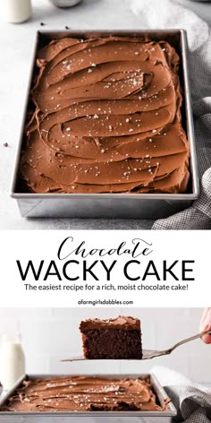 chocolate wacky cake in a metal pan with a spoon on the side and text overlay that reads chocolate wacky cake